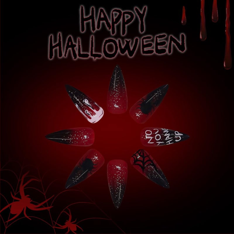 WAFOLOZE Halloween Press on Nails Long Tip Claret Ombre Fake Nails with Spider Web a Little Glitter Glossy Design, Artificial False Nails Press Ons Glue on Nails For Women - Image 3